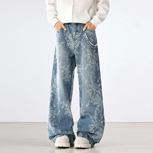 White-Leaf Pattern Wide Leg Jeans