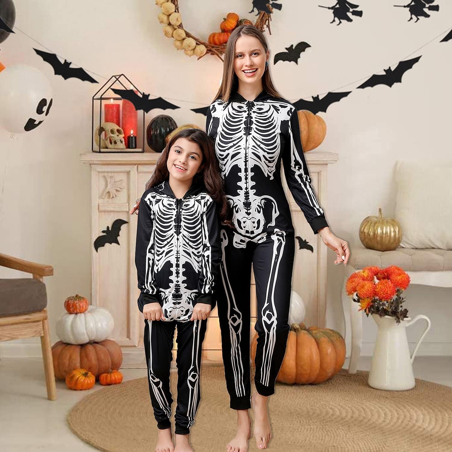 Family Matching Halloween Onesie Pajamas, Funny Skeleton Hooded Zipper Pjs Holiday Loungewear for Men/Women