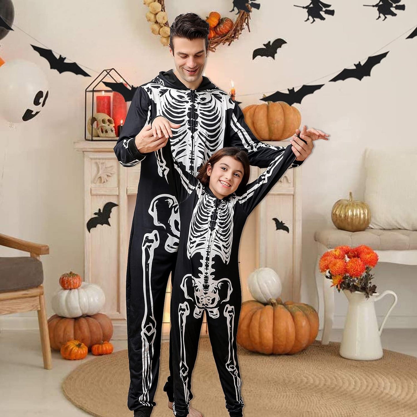 Family Matching Halloween Onesie Pajamas, Funny Skeleton Hooded Zipper Pjs Holiday Loungewear for Men/Women