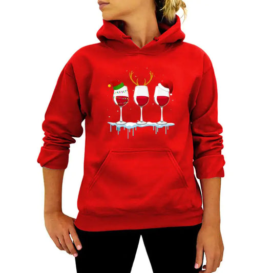 Christmas Red Wine Print Hoodie for Women