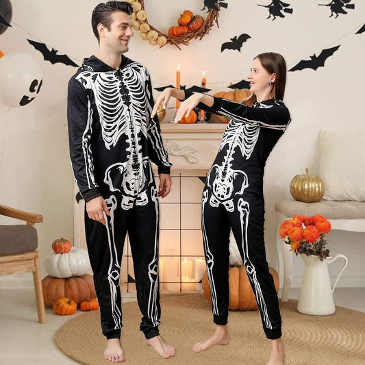 Family Matching Halloween Onesie Pajamas, Funny Skeleton Hooded Zipper Pjs Holiday Loungewear for Men/Women