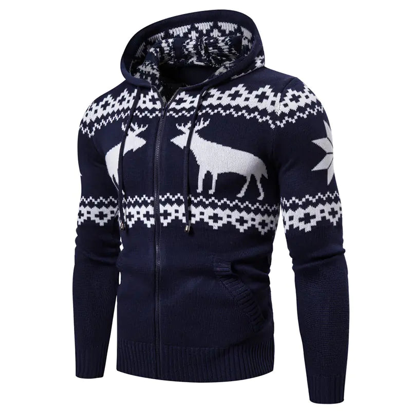 Men's Christmas Reindeer Knit Zipper Hoodie Sweater