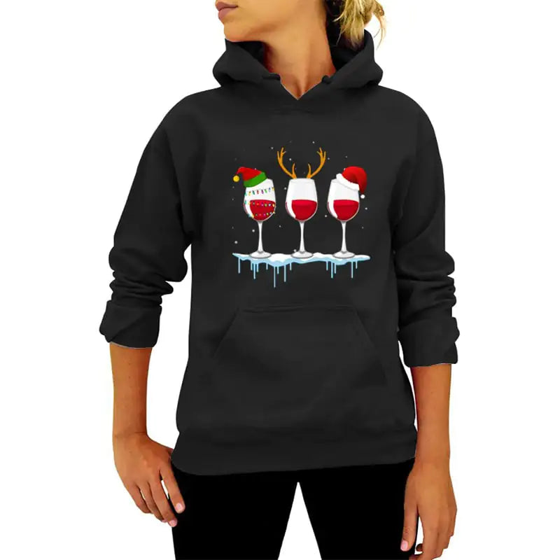Christmas Red Wine Print Hoodie for Women