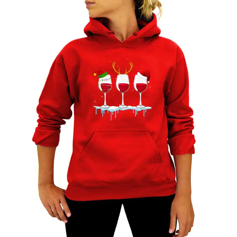 Christmas Red Wine Print Hoodie for Women