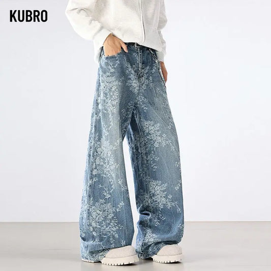 White-Leaf Pattern Wide Leg Jeans