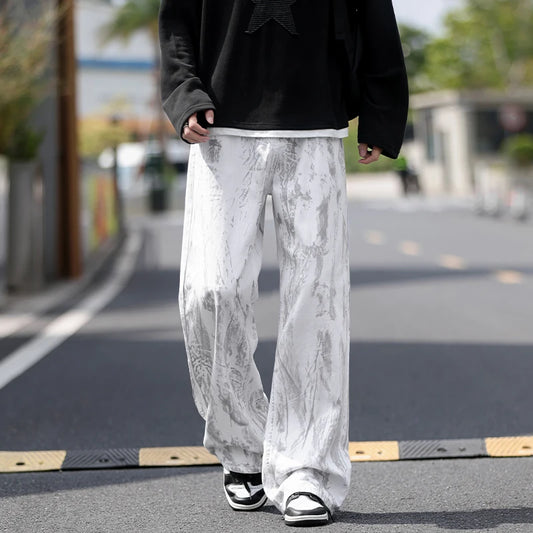 Mens Classic White Tie Dye Straight Leg Jeans