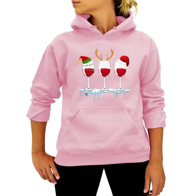 Christmas Red Wine Print Hoodie for Women