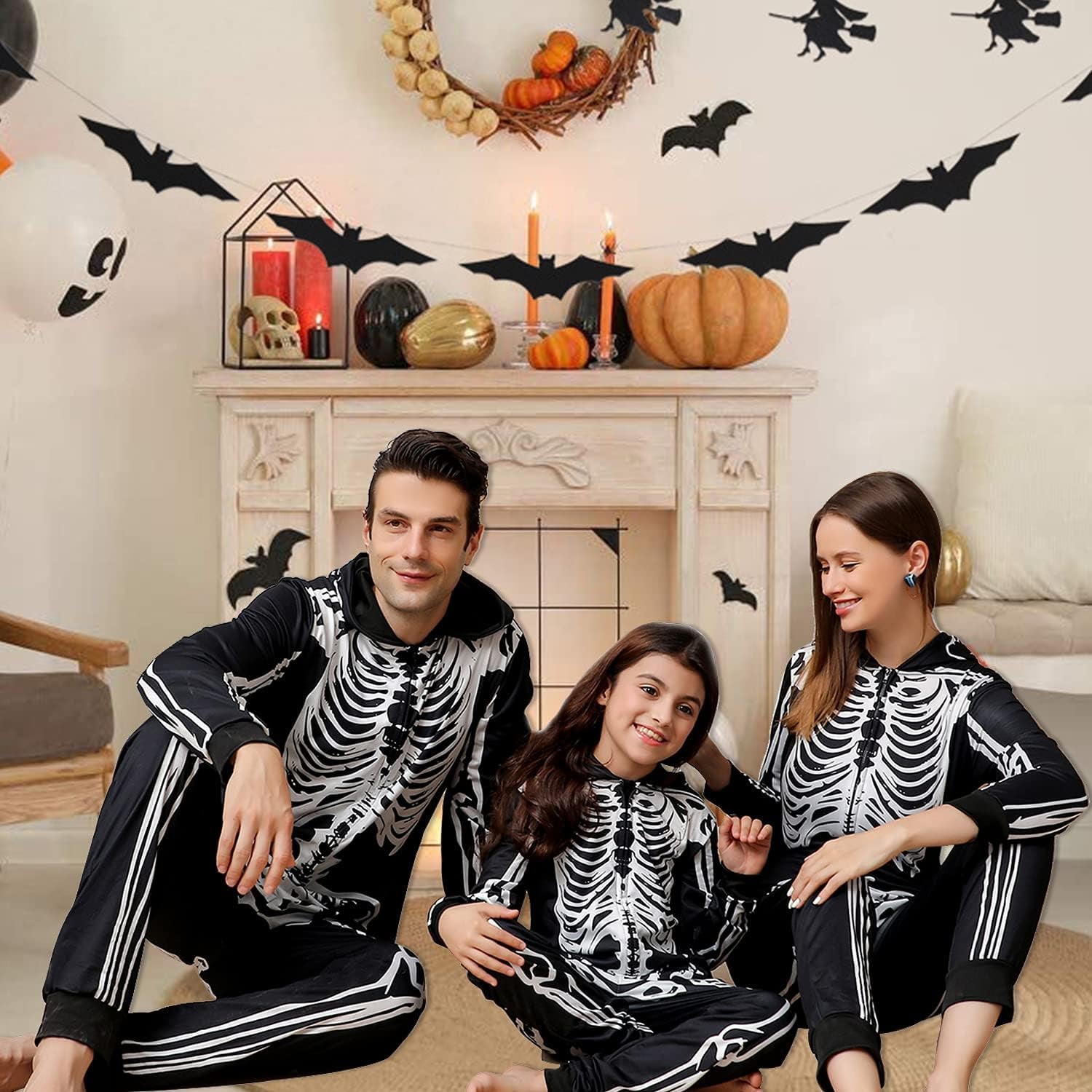 Family Matching Halloween Onesie Pajamas, Funny Skeleton Hooded Zipper Pjs Holiday Loungewear for Men/Women