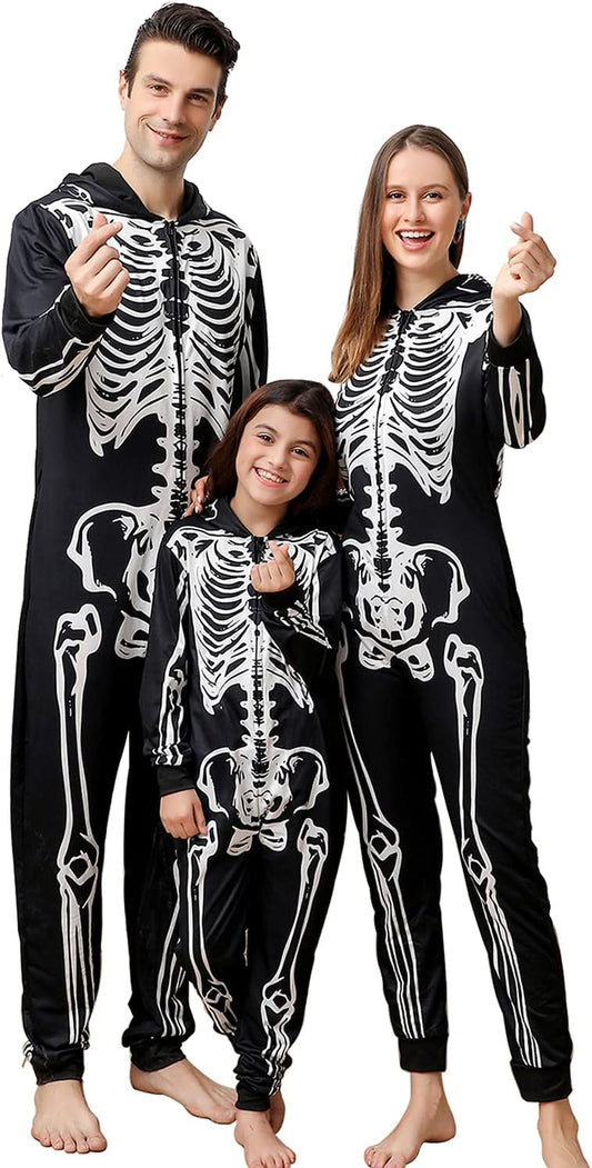 Family Matching Halloween Onesie Pajamas, Funny Skeleton Hooded Zipper Pjs Holiday Loungewear for Men/Women