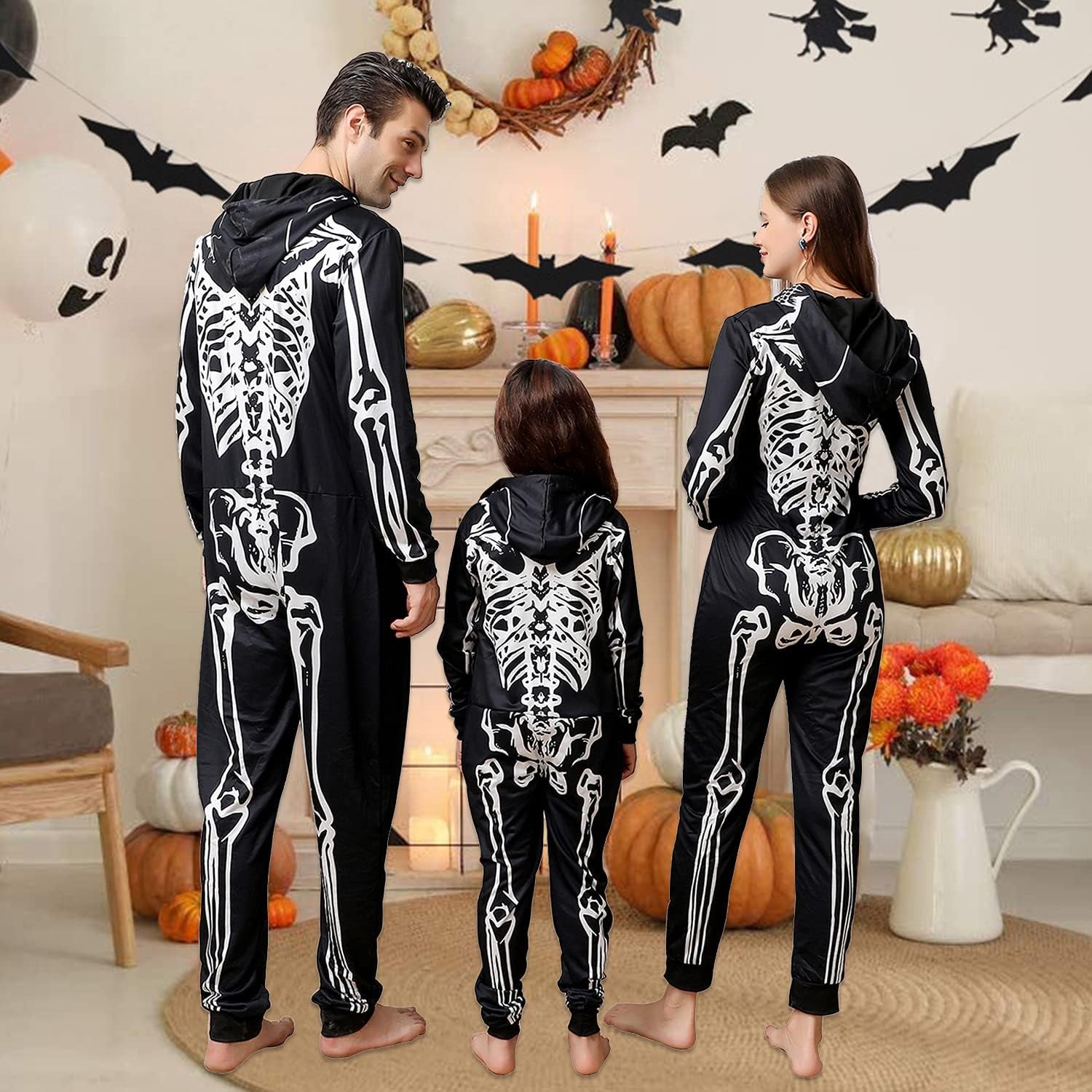 Family Matching Halloween Onesie Pajamas, Funny Skeleton Hooded Zipper Pjs Holiday Loungewear for Men/Women