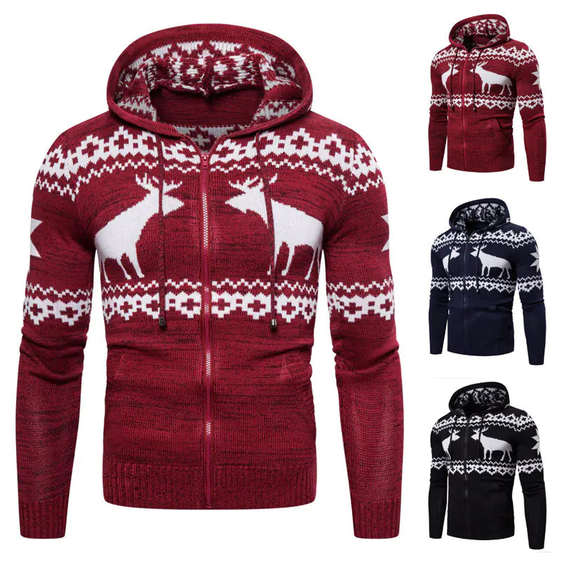 Men's Christmas Reindeer Knit Zipper Hoodie Sweater