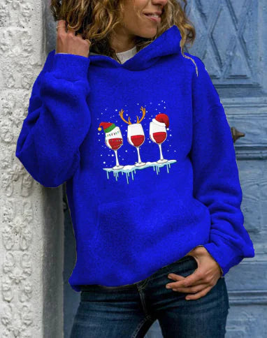 Christmas Red Wine Print Hoodie for Women