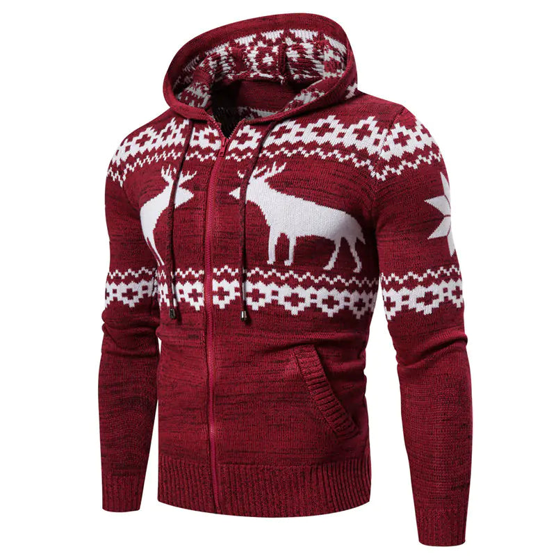 Men's Christmas Reindeer Knit Zipper Hoodie Sweater