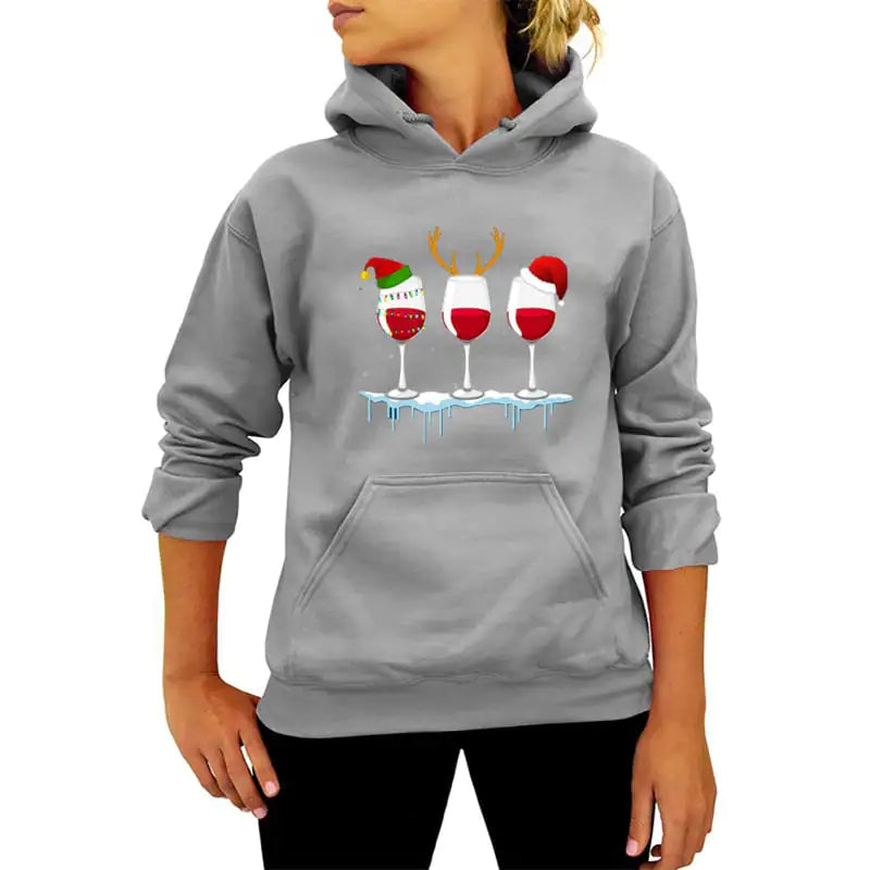 Christmas Red Wine Print Hoodie for Women